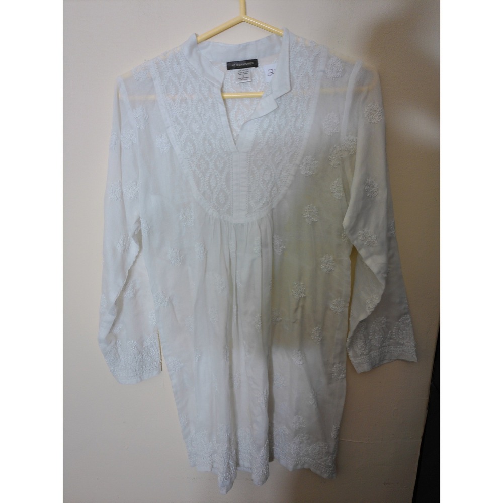 XC Signatures Tunic Top Womens S White Embroidered Boho Cotton Gauzy Long Sleeve